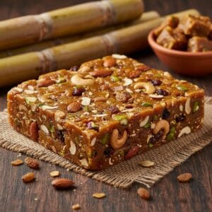 Dry fruits jaggery (gurr) chunks in a bowl – rich & healthy sweet