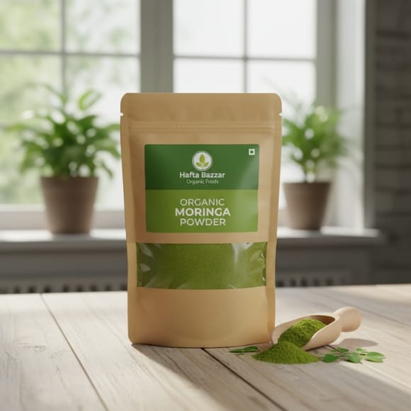 Green moringa powder in wooden spoon – natural detox supplement