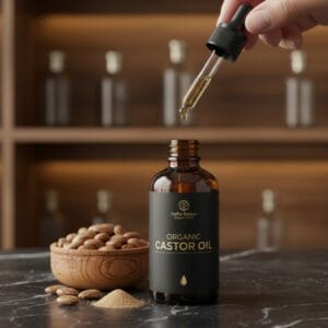 Castor oil bottle with castor seeds – natural herbal oil
