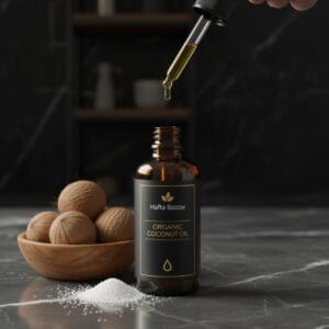 Bottle of pure coconut oil with fresh coconuts – natural oil