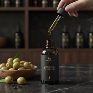 Pure olive oil bottle with fresh olives – cold pressed extra virgin
