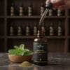 Peppermint oil bottle with fresh mint leaves – pure essential oil