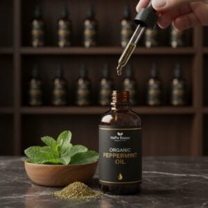Fashion 9 Peppermint oil bottle with fresh mint leaves – pure essential oil