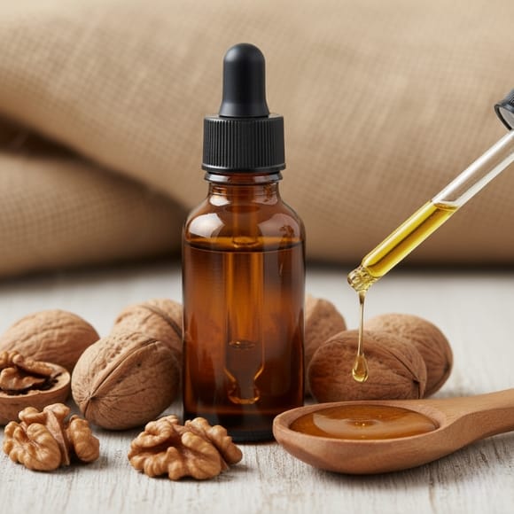 Walnut oil bottle with fresh walnuts – cold pressed natural oil